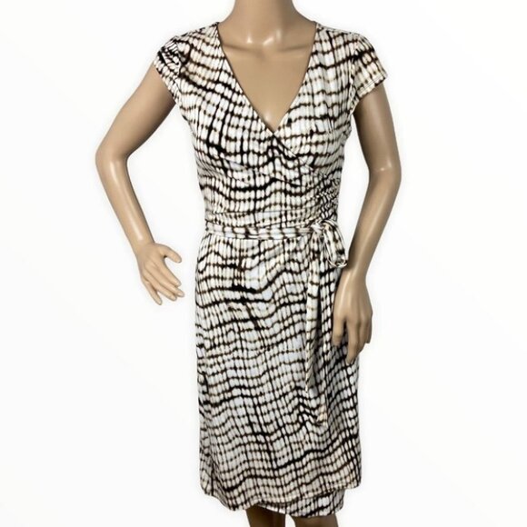Ann Taylor Animal Print Wrap Dress Midi Belt‎ Tie Waist XS Brown White V-Neck - Picture 14 of 15